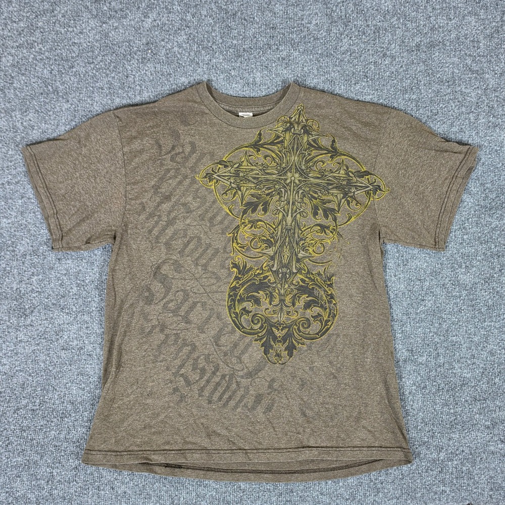 Mens Brown Heather Gothic Ornate Cross Graphic T-Shirt Size XL Y2K MMA Style